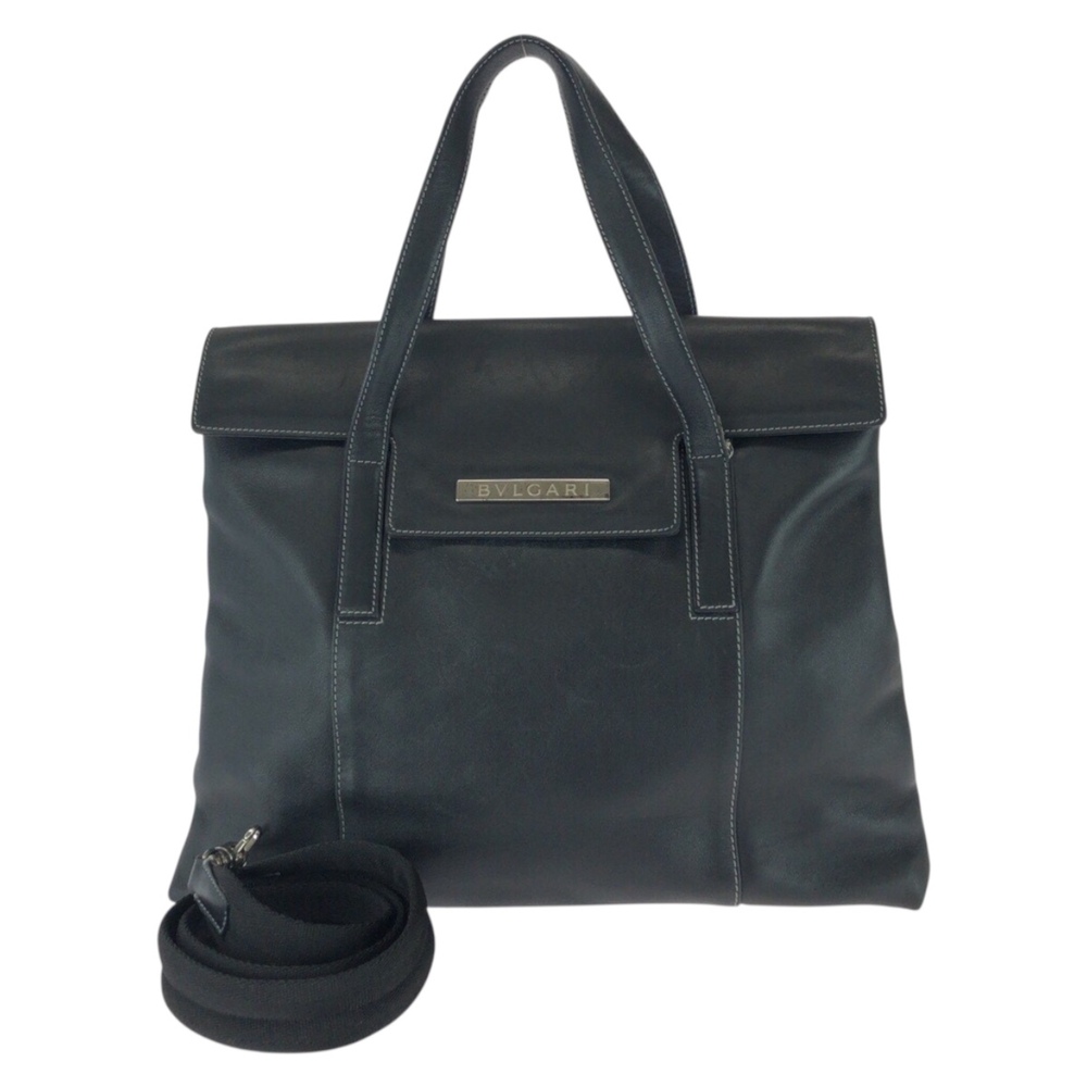 BVLGARI Vintage 2-way Black Leather Tote Bag/Shoulder Bag with Silver Hardwar...